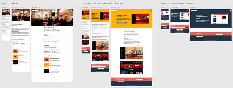 "A screen capture from the OZARIN redesign, featuring various device sizes. The portfolio pages."
