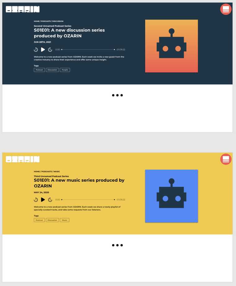 "A screen capture from the OZARIN redesign. Alternative header designs for podcasts"