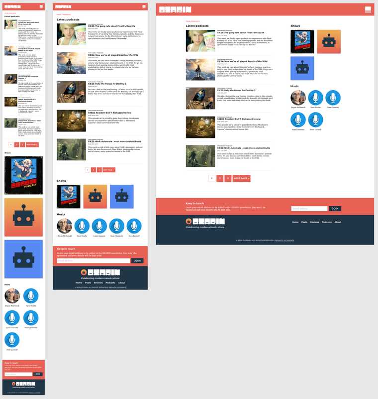 "A screen capture from the OZARIN redesign, featuring various device sizes. The podcast index template."