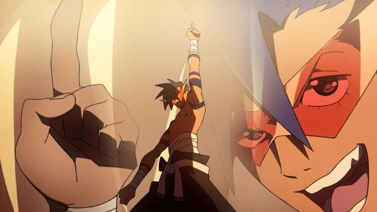 Kamina points to the sky triumphantly
