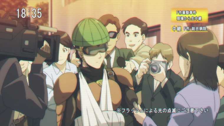 The hero character Mumen Rider gives an interview on TV