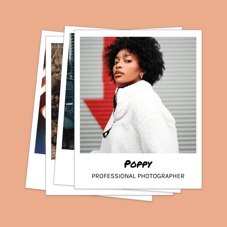 "User Experience persona - polaroid of a person. Subtitled 'Poppy: Professional Photographer'"