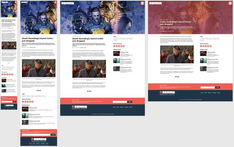 "A screen capture from the OZARIN redesign, featuring various device sizes. The post template, picturing content related to the Death Stranding game."