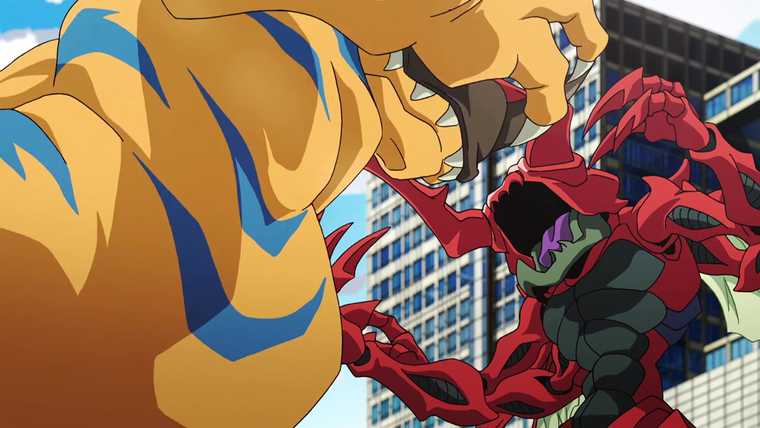 A monstrous orange dinosaur-like creature battles a huge, red, insect-like monster