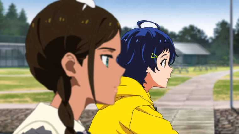 "Screen from Wonder Egg Priority. Two young girls, Ai and Neiru look forward."