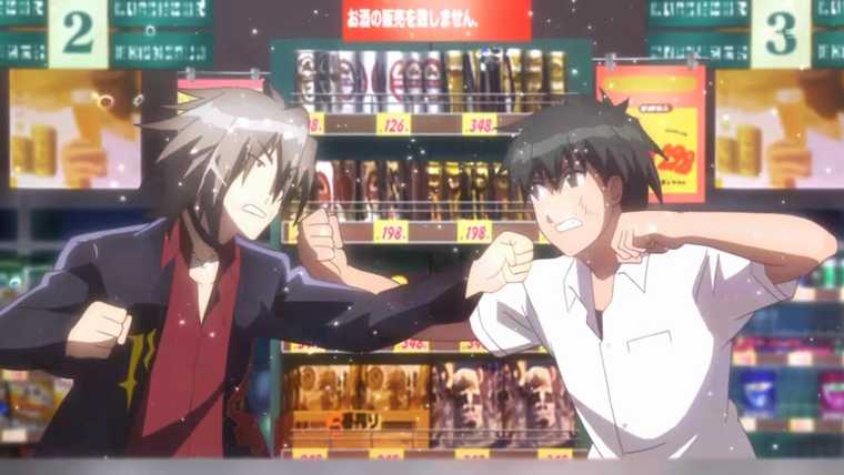 Two young men exchange punches in the supermarket