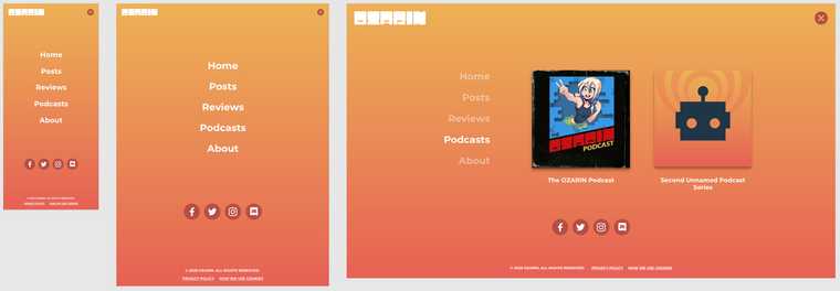 "A screen capture from the OZARIN redesign, featuring various device sizes. The navigation menu."