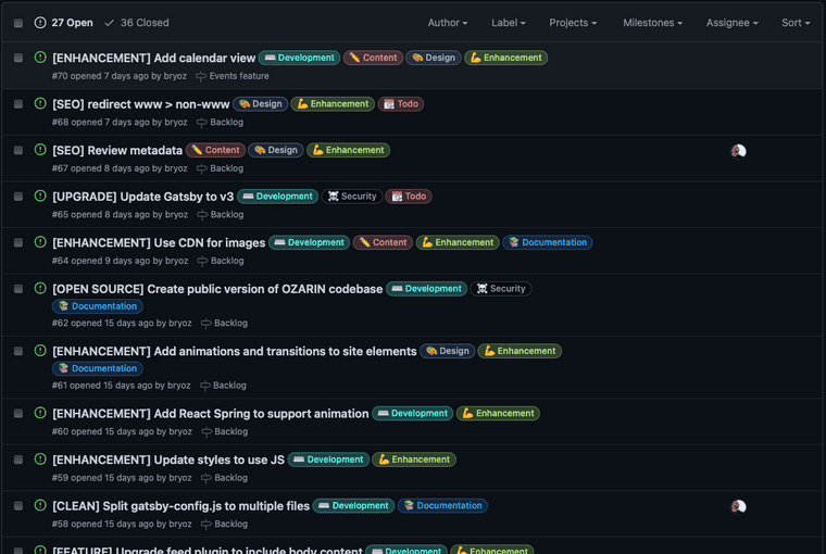 "Screen capture of the issues from my private GitHub project."