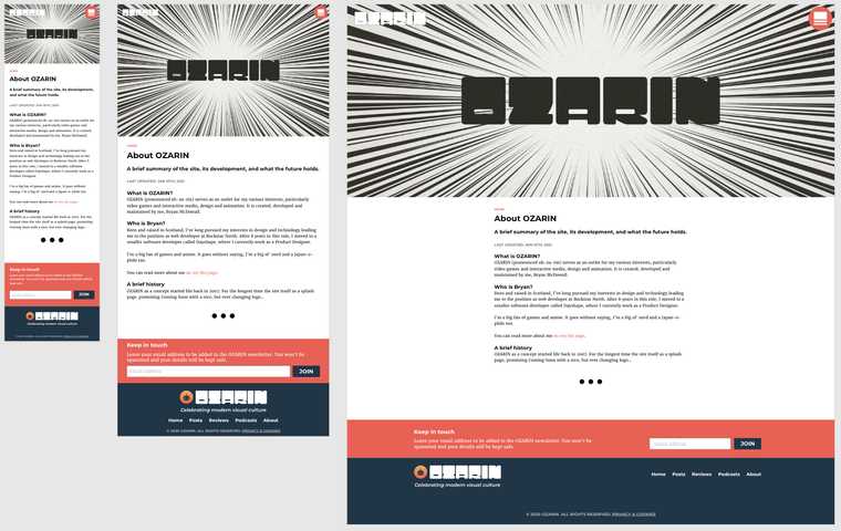 "A screen capture from the OZARIN redesign, featuring various device sizes. The page template."