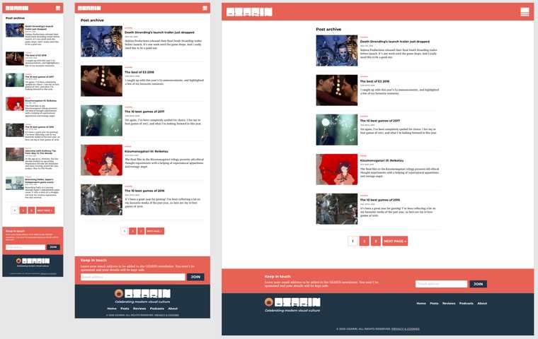 "A screen capture from the OZARIN redesign, featuring various device sizes. The post index template."