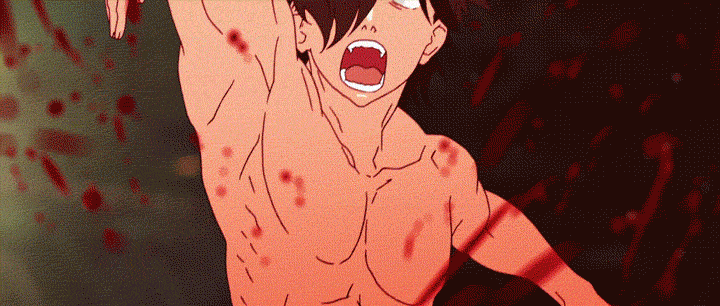 A bloody battle with no real winner Animated scene from Kizumonogatari III: Reiketsu. Araragi and Kiss-shot engaged in bloody battle on a football field.